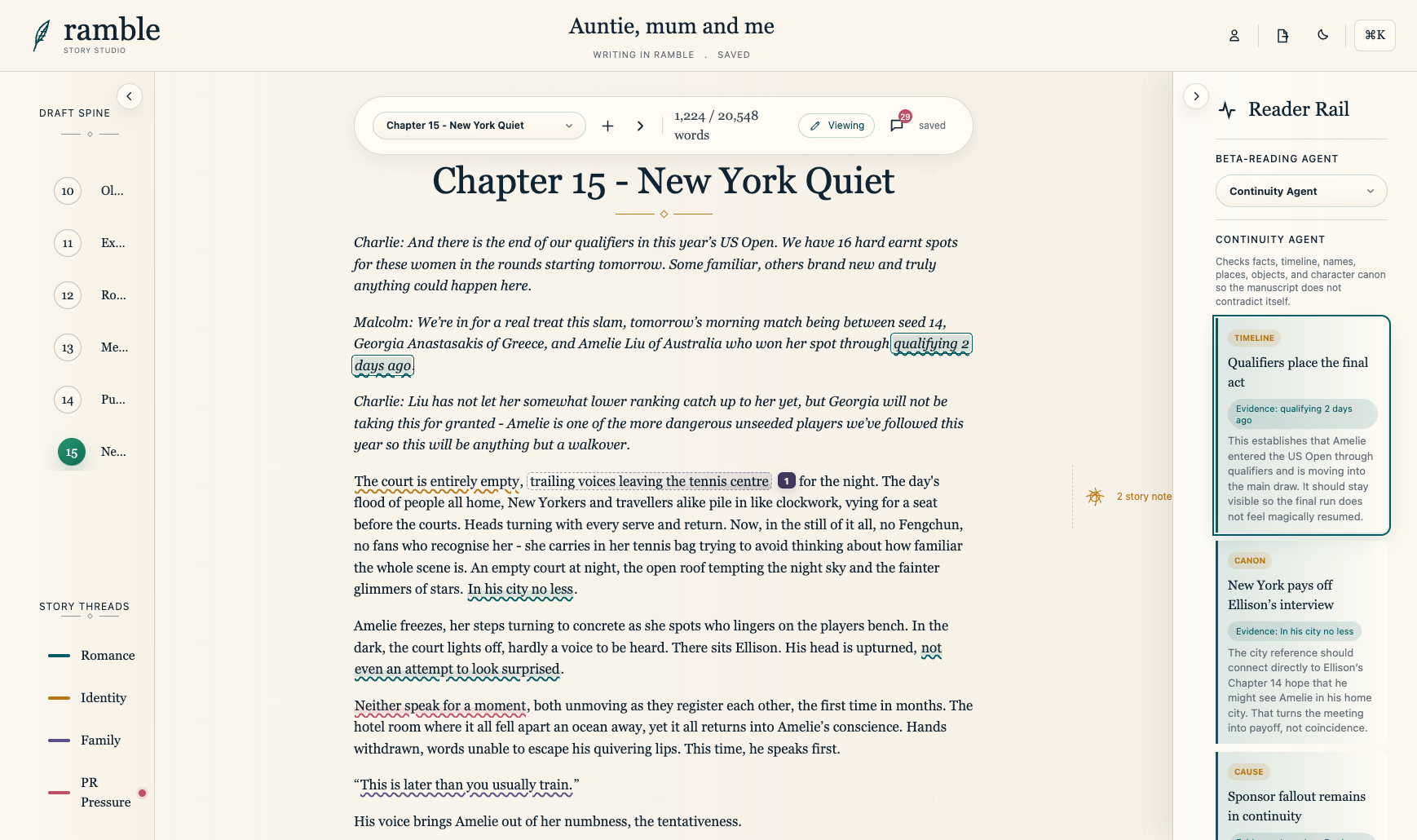 ramble writing studio showing Chapter 15 with the Reader Rail open to continuity feedback